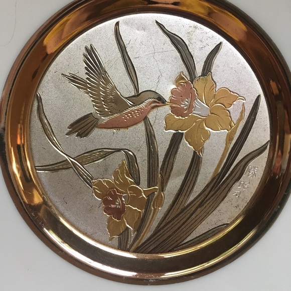 Vintage Chokin Etched copper Gilded Hummingbird Dish 6” - Picture 2 of 15